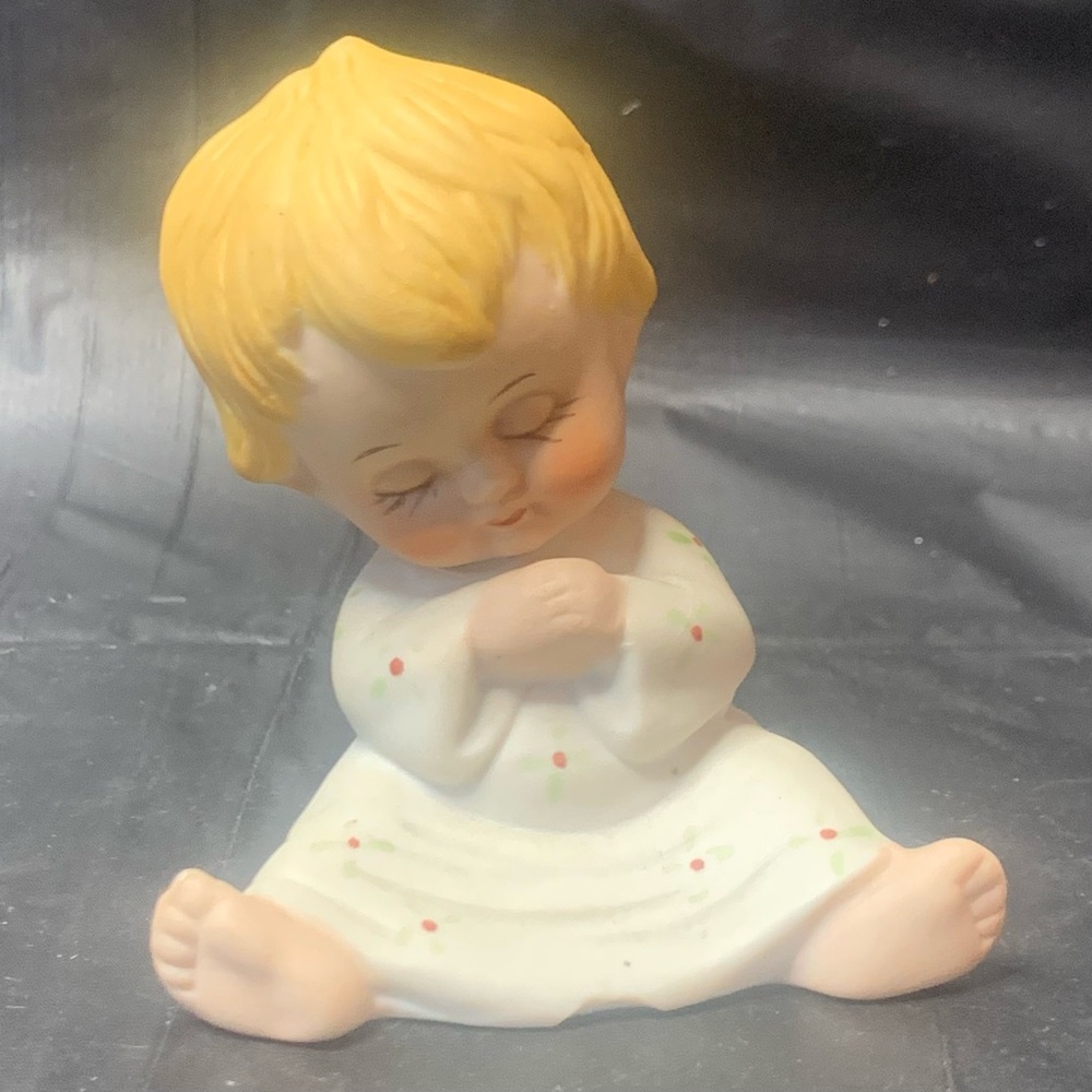 Porcelain Child Figurine Sleeping Praying - Yellow and White Kewpie baby